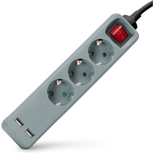 Ilgiklis Entac 3 lizdų +2USB 1.5m 16A su jungikliu, pilkas