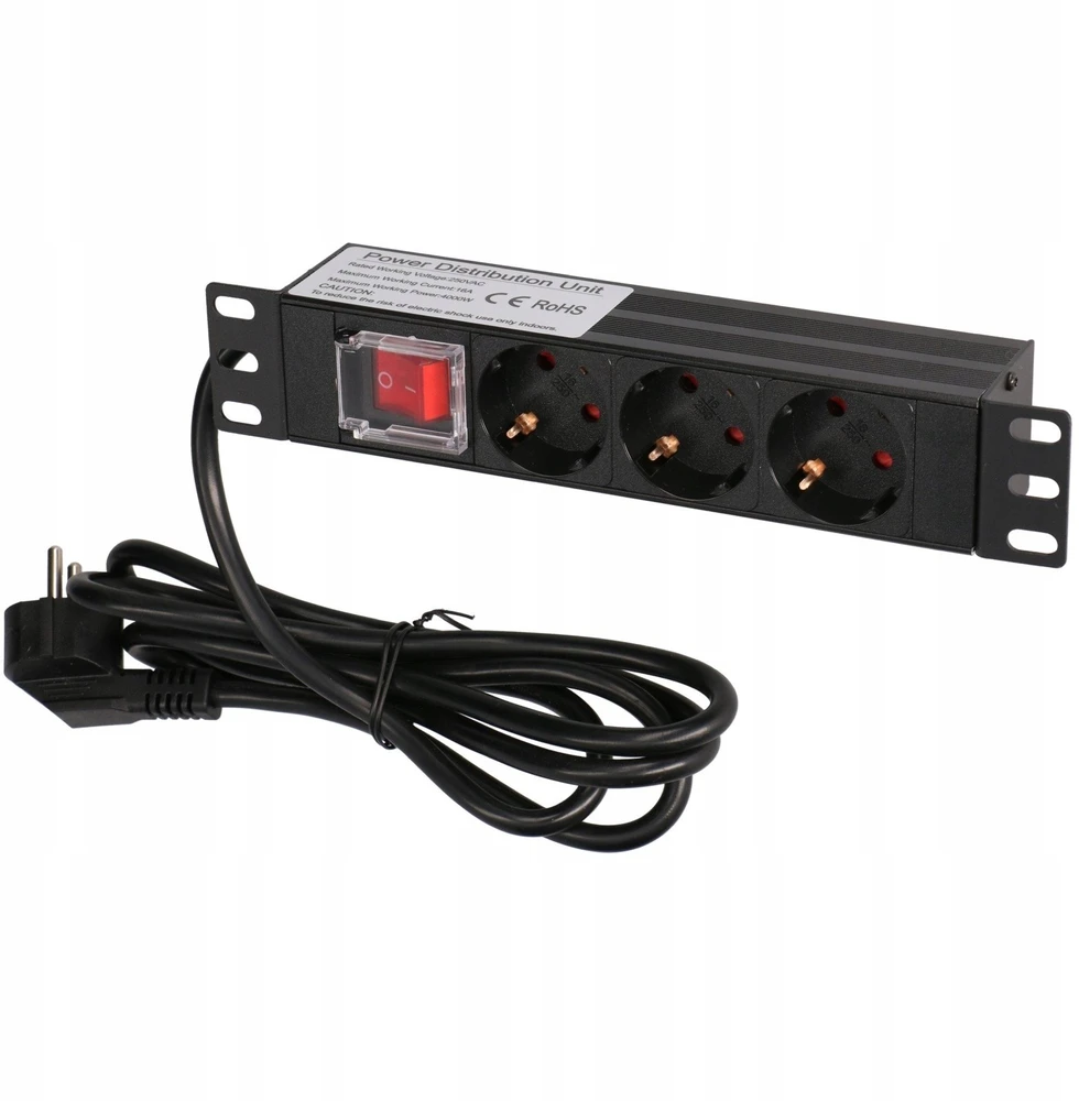 Extralink 10 colių 1U 3 lizdų ES tipo maitinimo PDU | Maitinimo blokas | su jungikliu