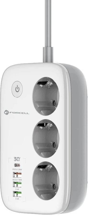 Power strip Forcell F-Energy 3 lizdai + USB C 30W + 3 x USB A QC3.0 PD + WiFi Tuya, SmartLife, Alexa 10A 2500W VT-PS03 baltas