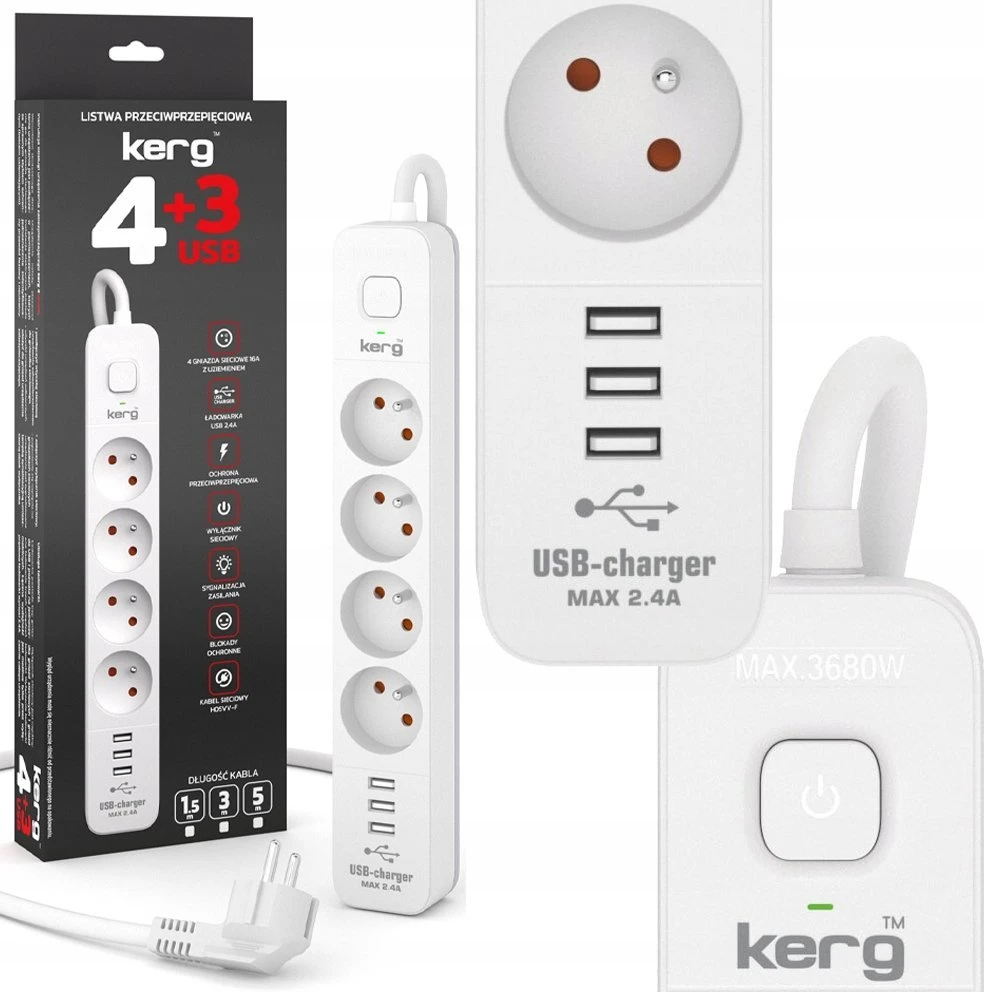 KERG maitinimo juostelė su grandinės pertraukikliu-4 lizdai 3USB 16A 1,5m