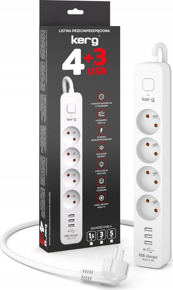 KERG maitinimo juostelė su grandinės pertraukikliu-4 lizdai 3USB 16A 1,5m
