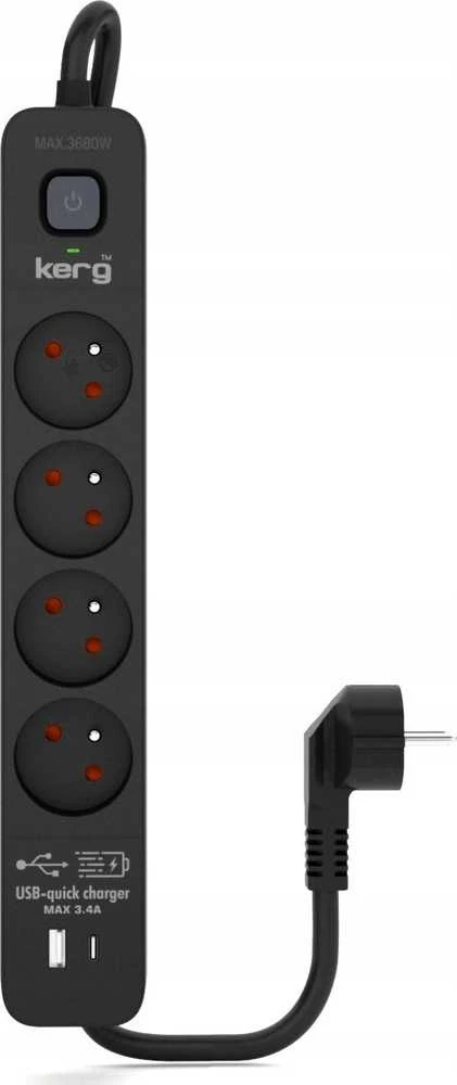 KERG ilgintuvas su automatiniu jungikliu – 4 USBC+USBA lizdai 16A 3m juodas