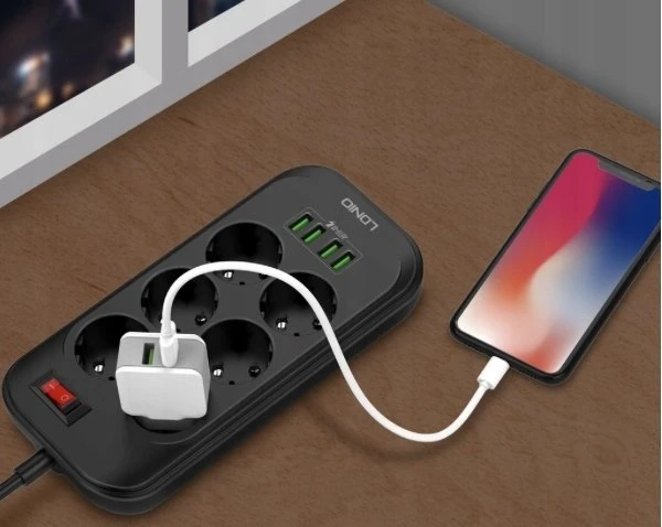 Ilgintuvas su 6 AC lizdais 4x USB LDNIO 2m - juoda