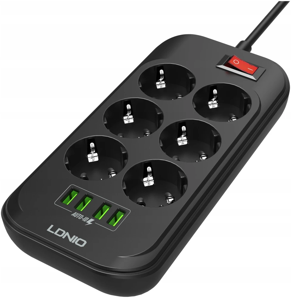 Ilgintuvas su 6 AC lizdais 4x USB LDNIO 2m - juoda