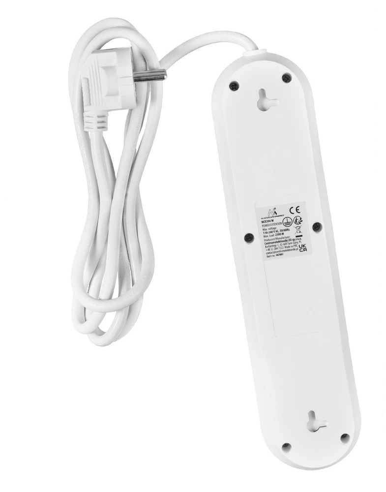 „Maclean“ maitinimo jungtis, 3 lizdų prailgintuvas + 3xUSB, 110-240V AC 50/60Hz, 2.1A max 2500W, 1.5m, baltas, MCE394 W