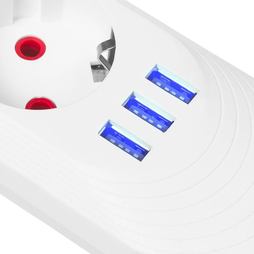 „Maclean“ maitinimo jungtis, 3 lizdų prailgintuvas + 3xUSB, 110-240V AC 50/60Hz, 2.1A max 2500W, 1.5m, baltas, MCE394 W