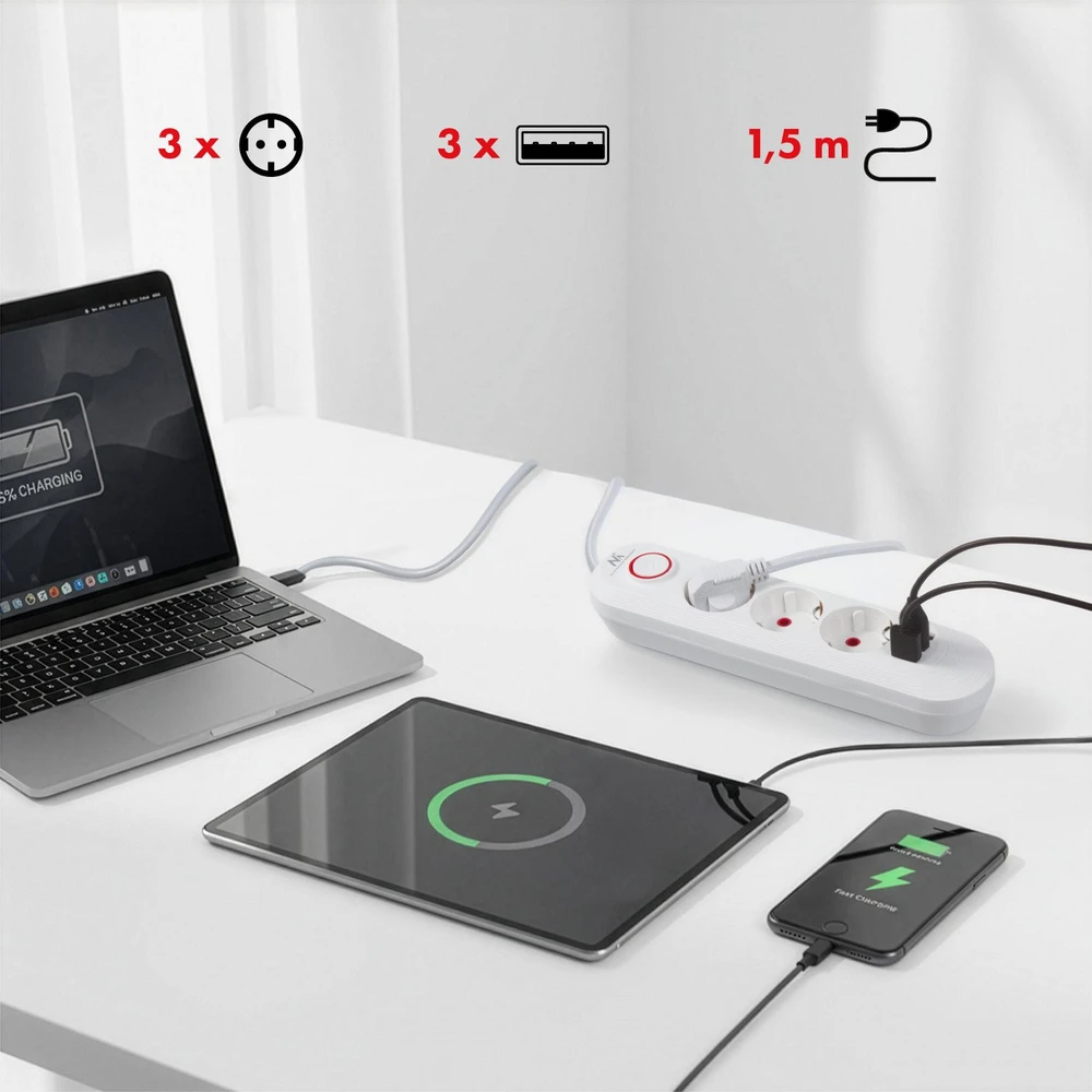 „Maclean“ maitinimo jungtis, 3 lizdų prailgintuvas + 3xUSB, 110-240V AC 50/60Hz, 2.1A max 2500W, 1.5m, baltas, MCE394 W