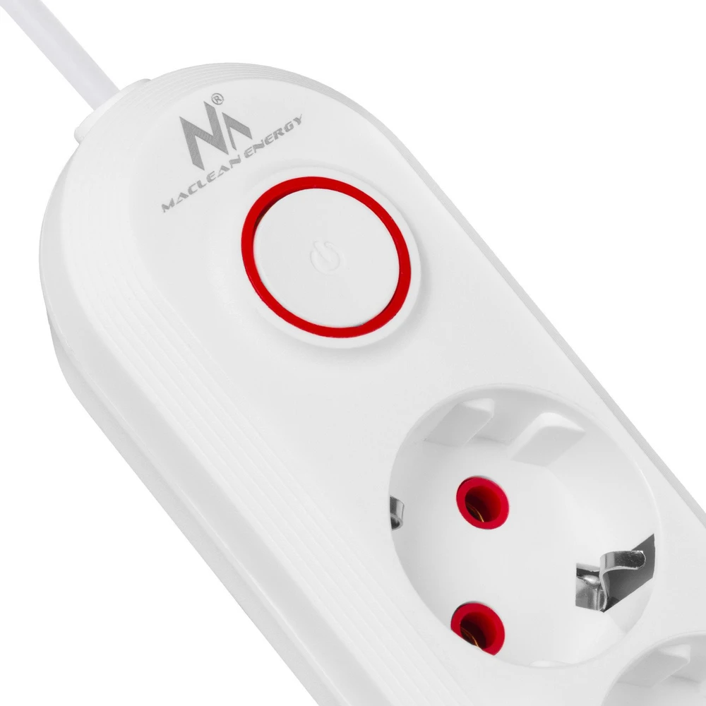„Maclean“ maitinimo jungtis, 3 lizdų prailgintuvas + 3xUSB, 110-240V AC 50/60Hz, 2.1A max 2500W, 1.5m, baltas, MCE394 W