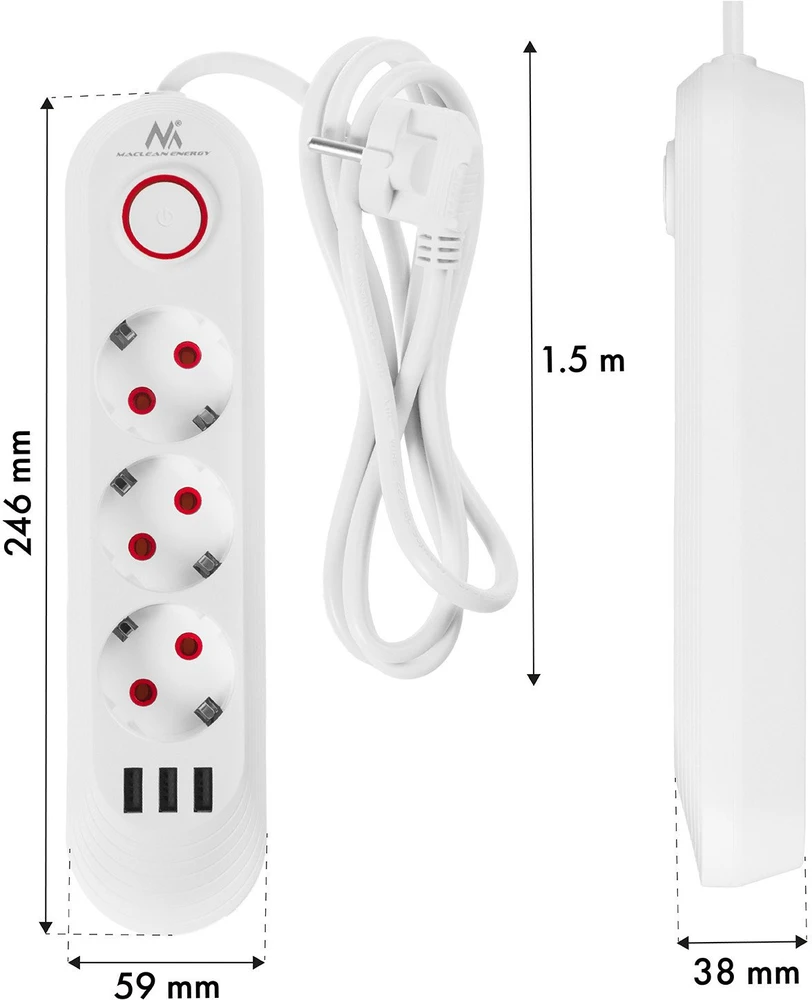 „Maclean“ maitinimo jungtis, 3 lizdų prailgintuvas + 3xUSB, 110-240V AC 50/60Hz, 2.1A max 2500W, 1.5m, baltas, MCE394 W