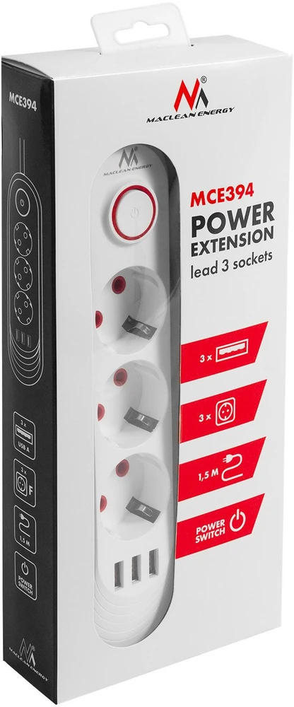 „Maclean“ maitinimo jungtis, 3 lizdų prailgintuvas + 3xUSB, 110-240V AC 50/60Hz, 2.1A max 2500W, 1.5m, baltas, MCE394 W