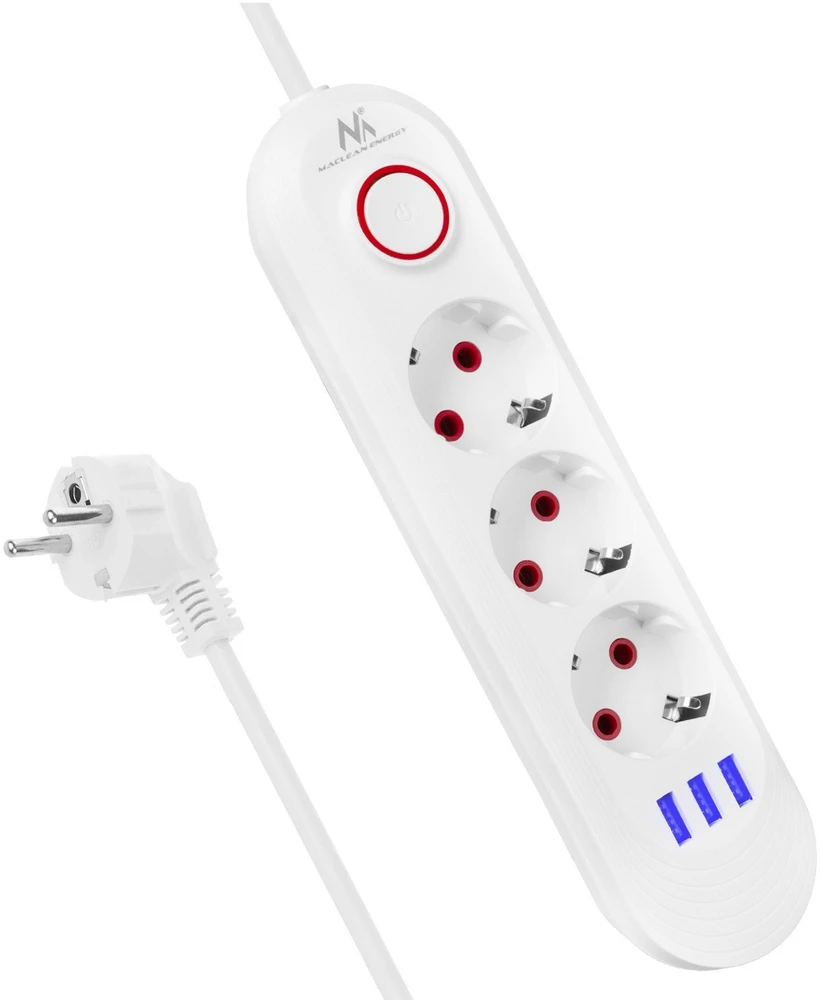 „Maclean“ maitinimo jungtis, 3 lizdų prailgintuvas + 3xUSB, 110-240V AC 50/60Hz, 2.1A max 2500W, 1.5m, baltas, MCE394 W