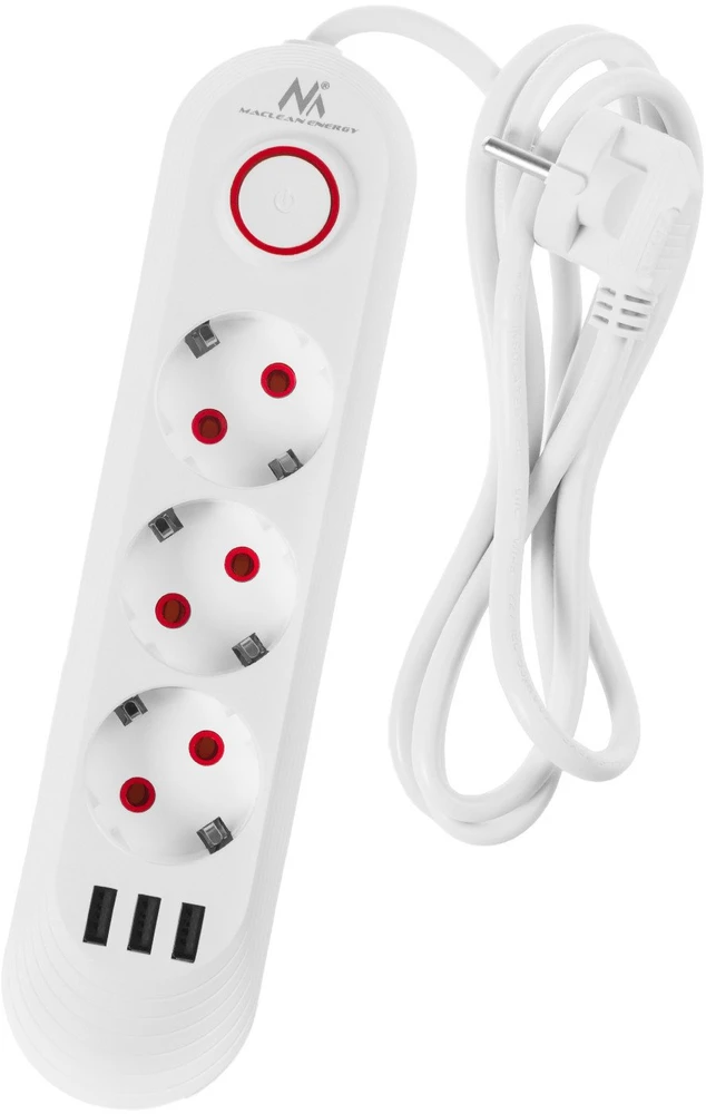 „Maclean“ maitinimo jungtis, 3 lizdų prailgintuvas + 3xUSB, 110-240V AC 50/60Hz, 2.1A max 2500W, 1.5m, baltas, MCE394 W