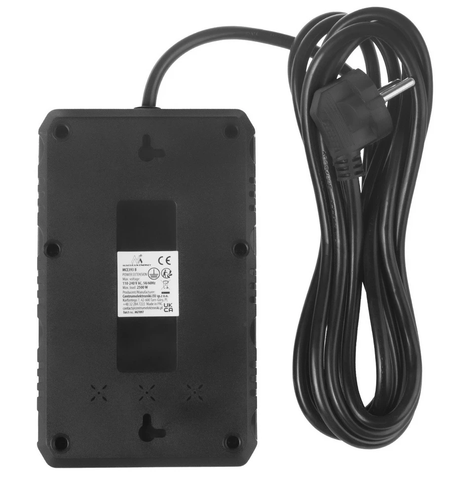 „Maclean“ maitinimo laidas, 4 lizdų prailginimo laidas + 3xUSB, 110-240V AC 50/60Hz, 2.1A max 2500W, 3m, juodas, MCE393 B