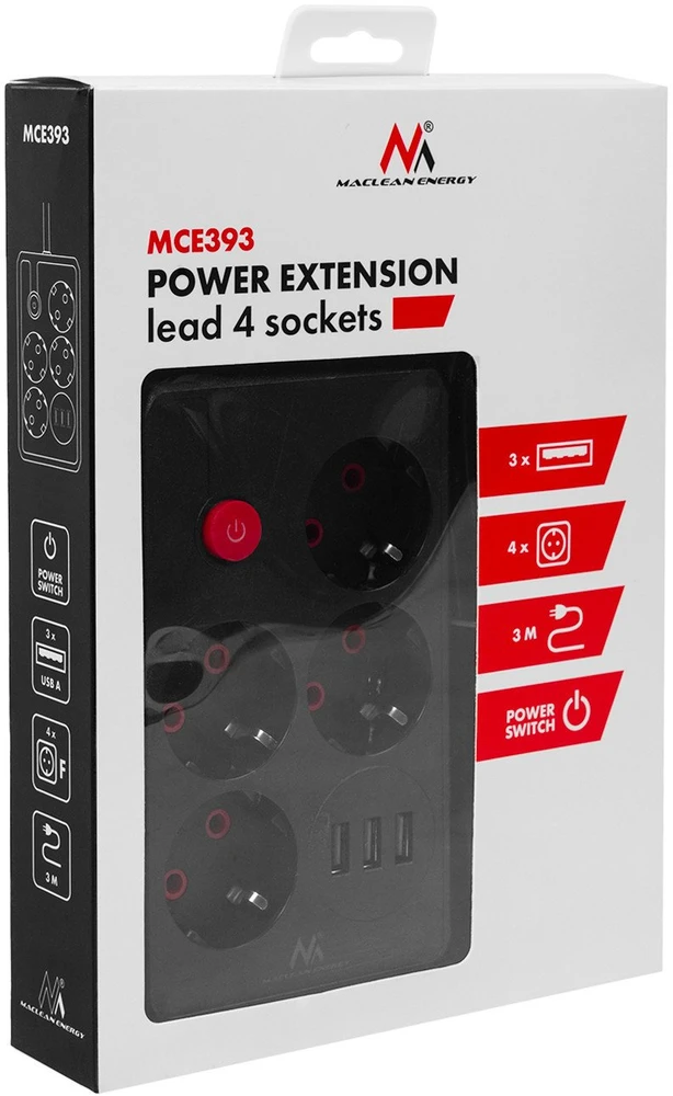 „Maclean“ maitinimo laidas, 4 lizdų prailginimo laidas + 3xUSB, 110-240V AC 50/60Hz, 2.1A max 2500W, 3m, juodas, MCE393 B