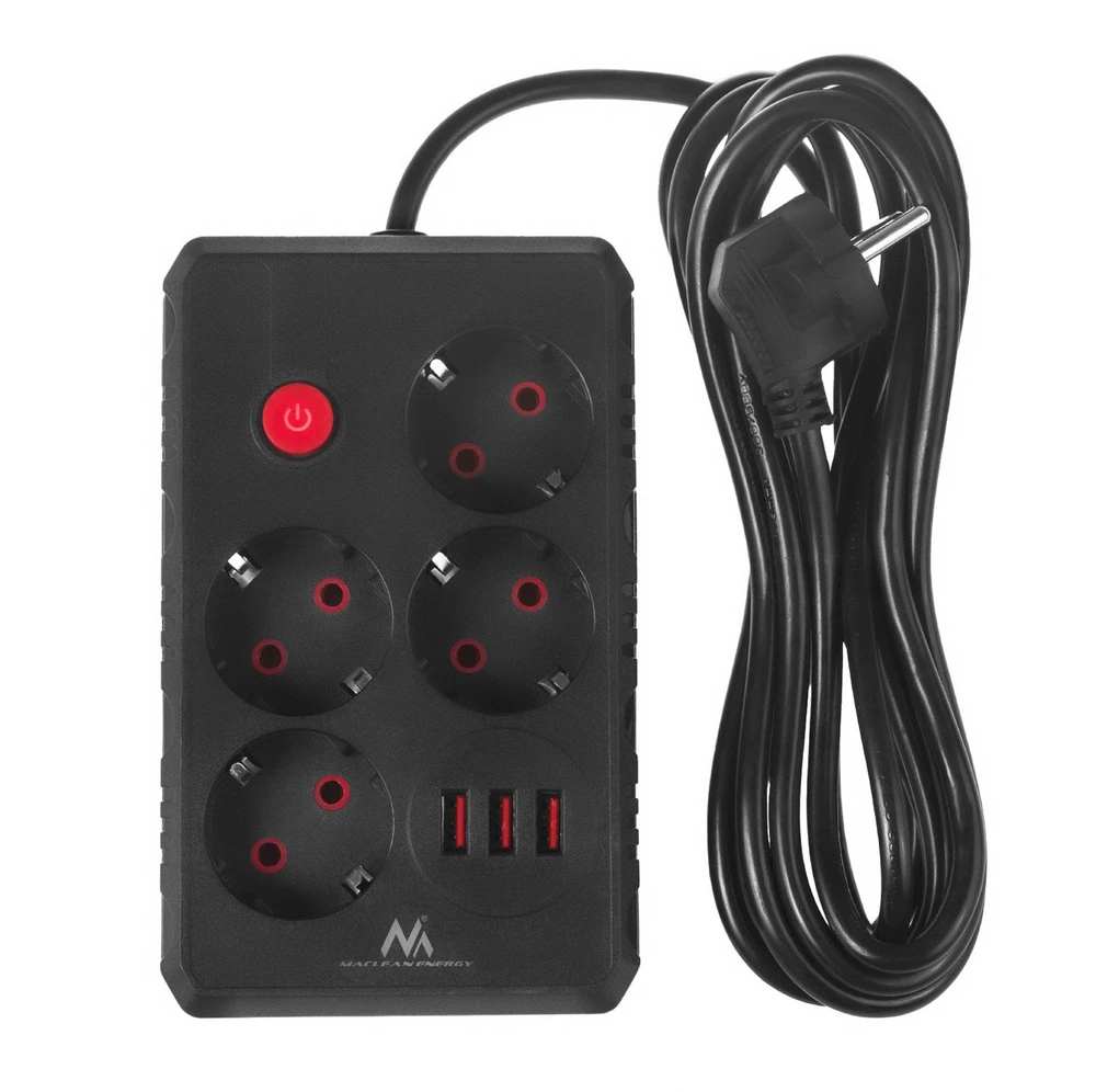 „Maclean“ maitinimo laidas, 4 lizdų prailginimo laidas + 3xUSB, 110-240V AC 50/60Hz, 2.1A max 2500W, 3m, juodas, MCE393 B