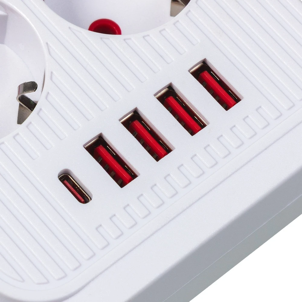 „Maclean“ maitinimo jungtis, 6 lizdų prailgintuvas + 4xUSB, 110-240V AC 50/60Hz, 2.1A max 2500W, 3m, baltas, MCE391 W