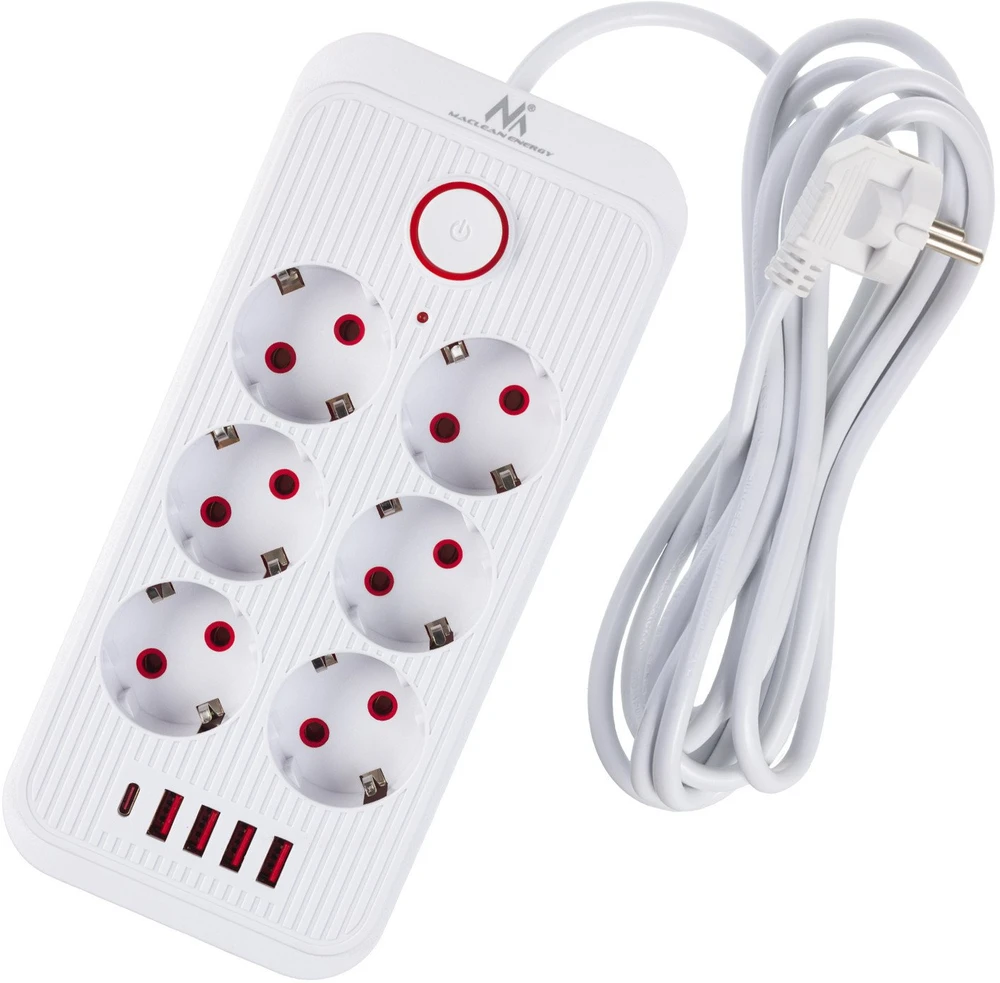 „Maclean“ maitinimo jungtis, 6 lizdų prailgintuvas + 4xUSB, 110-240V AC 50/60Hz, 2.1A max 2500W, 3m, baltas, MCE391 W