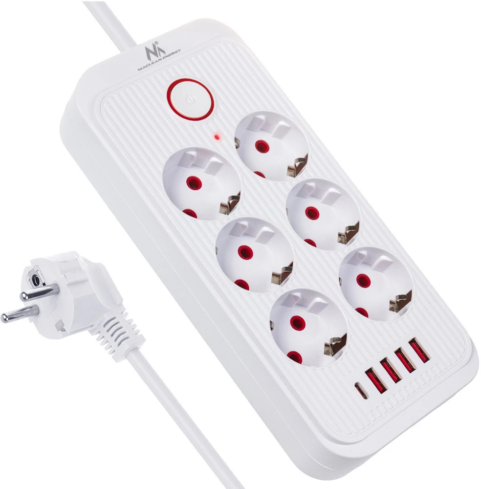 „Maclean“ maitinimo jungtis, 6 lizdų prailgintuvas + 4xUSB, 110-240V AC 50/60Hz, 2.1A max 2500W, 3m, baltas, MCE391 W