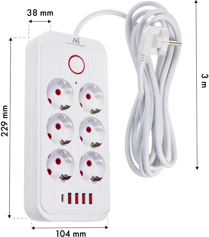 „Maclean“ maitinimo jungtis, 6 lizdų prailgintuvas + 4xUSB, 110-240V AC 50/60Hz, 2.1A max 2500W, 3m, baltas, MCE391 W