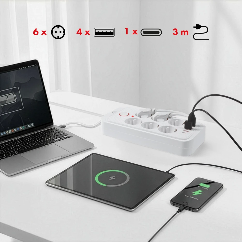 „Maclean“ maitinimo jungtis, 6 lizdų prailgintuvas + 4xUSB, 110-240V AC 50/60Hz, 2.1A max 2500W, 3m, baltas, MCE391 W