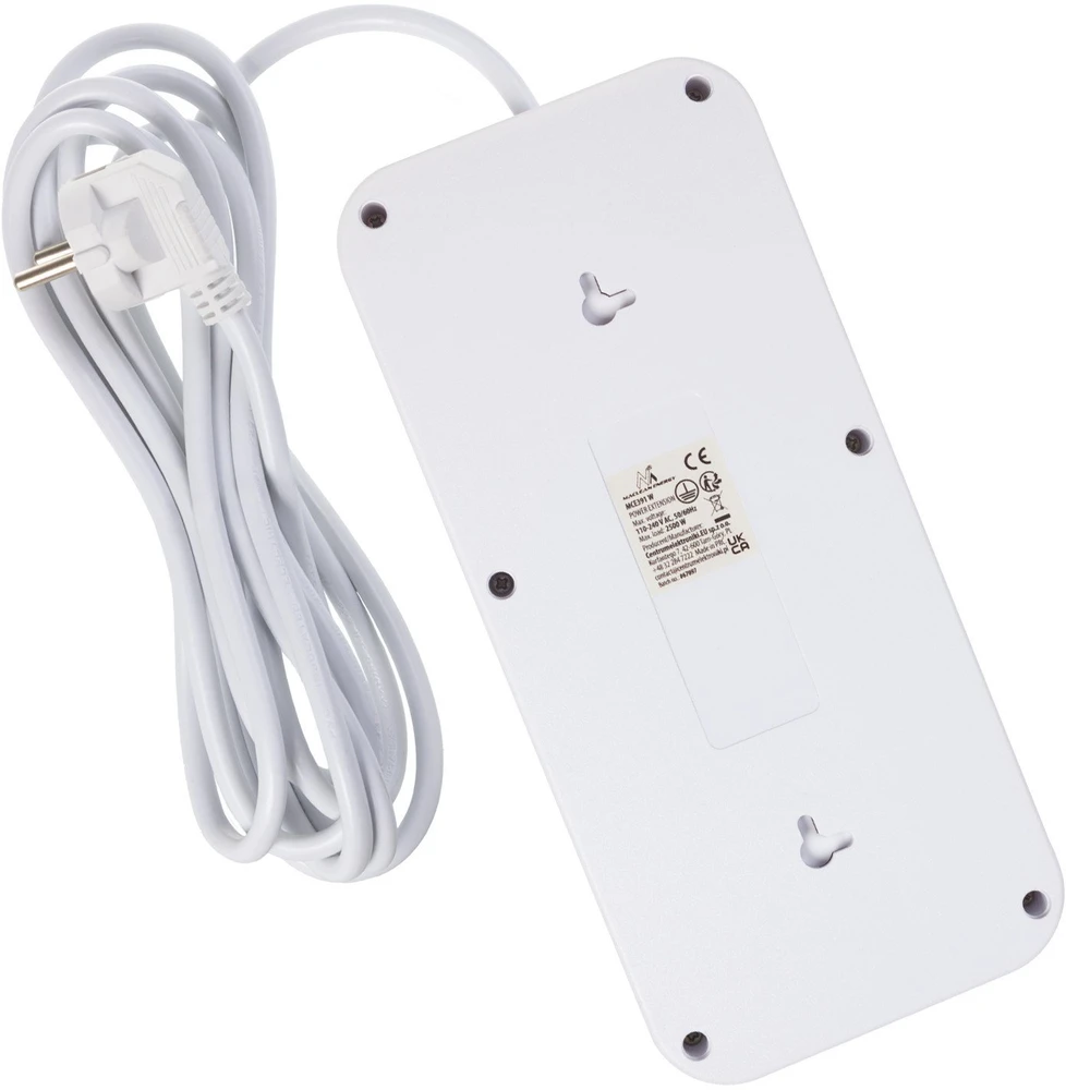 „Maclean“ maitinimo jungtis, 6 lizdų prailgintuvas + 4xUSB, 110-240V AC 50/60Hz, 2.1A max 2500W, 3m, baltas, MCE391 W