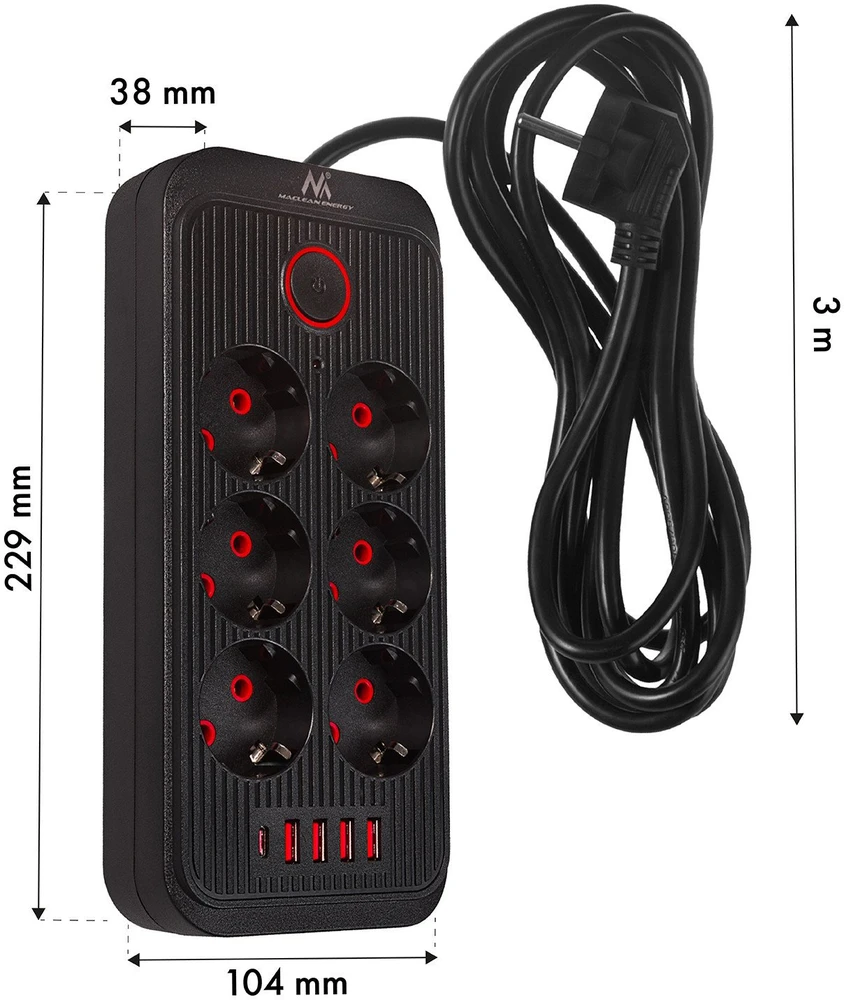 „Maclean“ maitinimo lizdas, 6 lizdų prailgintuvas + 4xUSB, 110-240V AC 50/60Hz, 2.1A max 2500W, 3m, juodas, MCE391 B