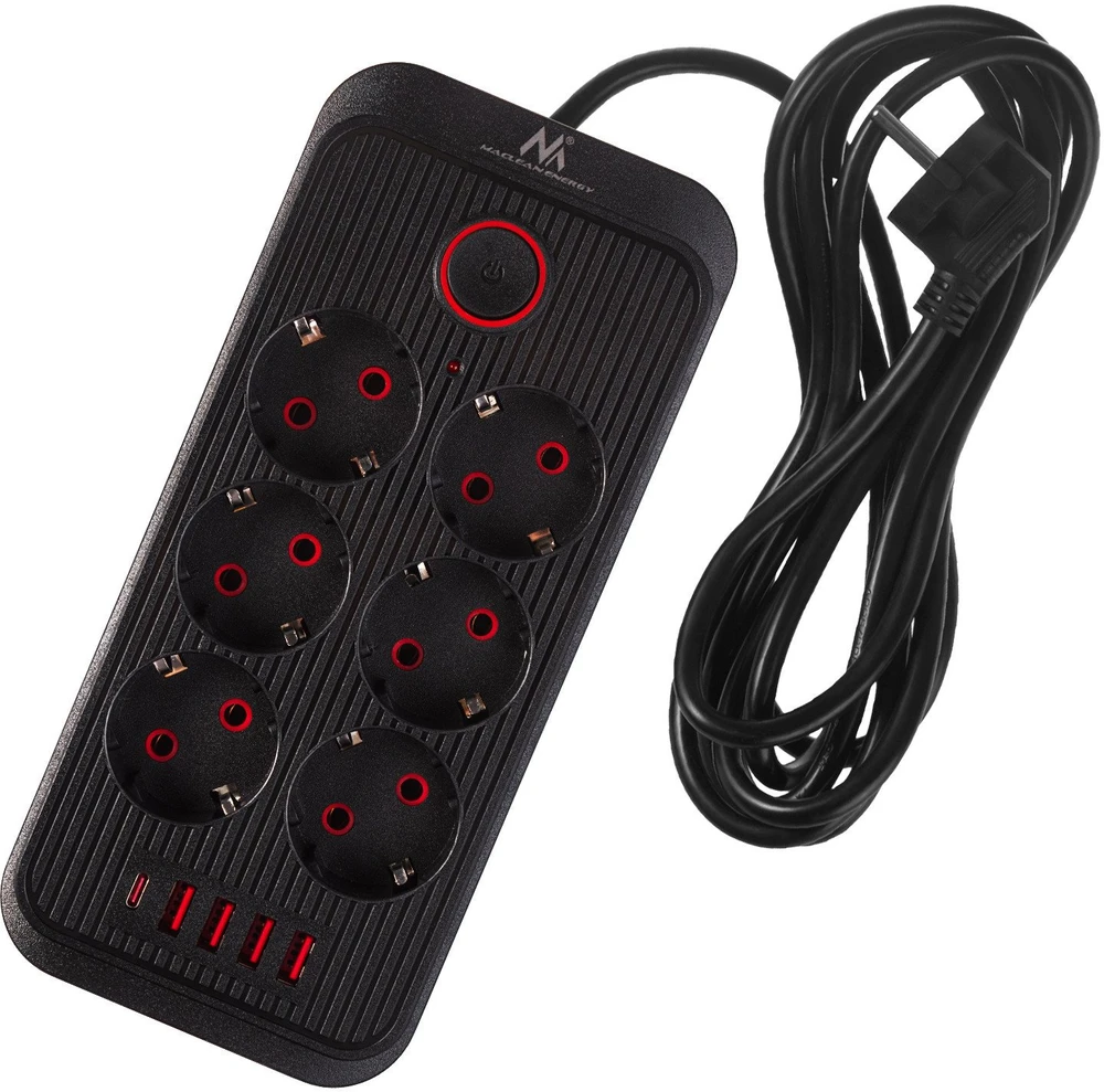 „Maclean“ maitinimo lizdas, 6 lizdų prailgintuvas + 4xUSB, 110-240V AC 50/60Hz, 2.1A max 2500W, 3m, juodas, MCE391 B