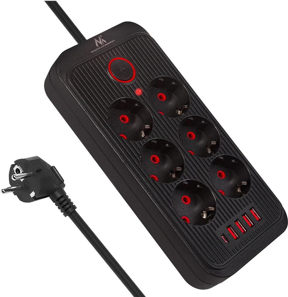 „Maclean“ maitinimo lizdas, 6 lizdų prailgintuvas + 4xUSB, 110-240V AC 50/60Hz, 2.1A max 2500W, 3m, juodas, MCE391 B