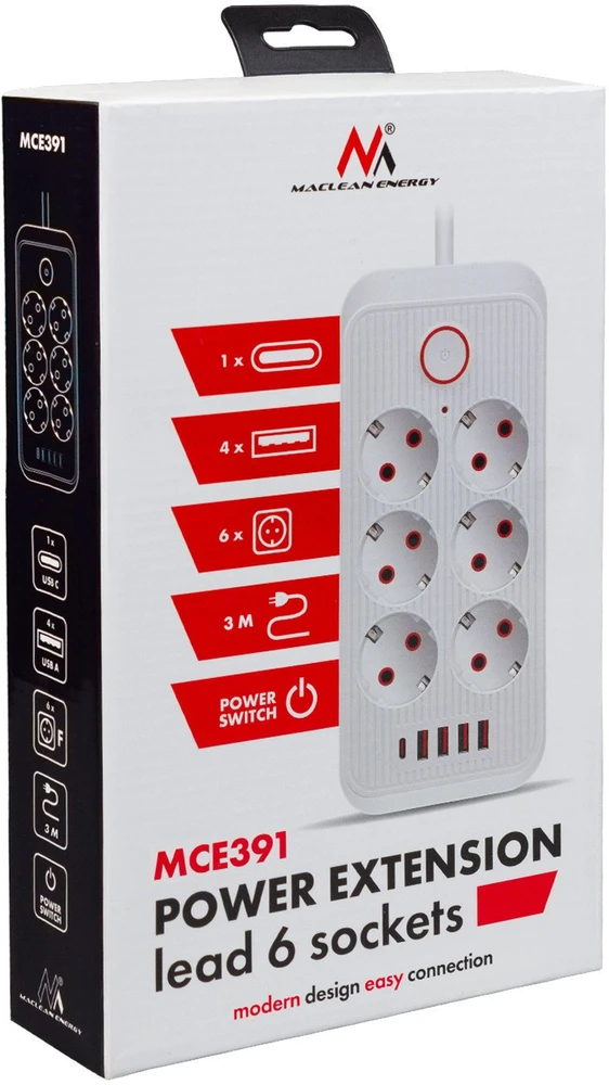 „Maclean“ maitinimo lizdas, 6 lizdų prailgintuvas + 4xUSB, 110-240V AC 50/60Hz, 2.1A max 2500W, 3m, juodas, MCE391 B