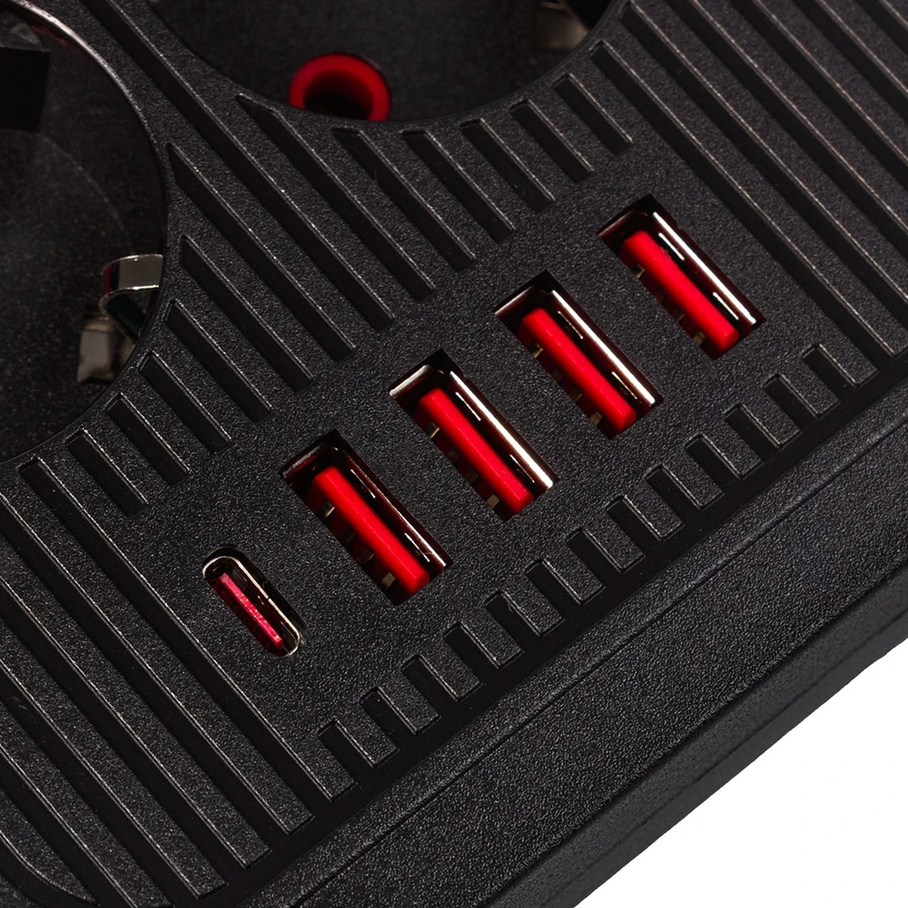 „Maclean“ maitinimo lizdas, 6 lizdų prailgintuvas + 4xUSB, 110-240V AC 50/60Hz, 2.1A max 2500W, 3m, juodas, MCE391 B
