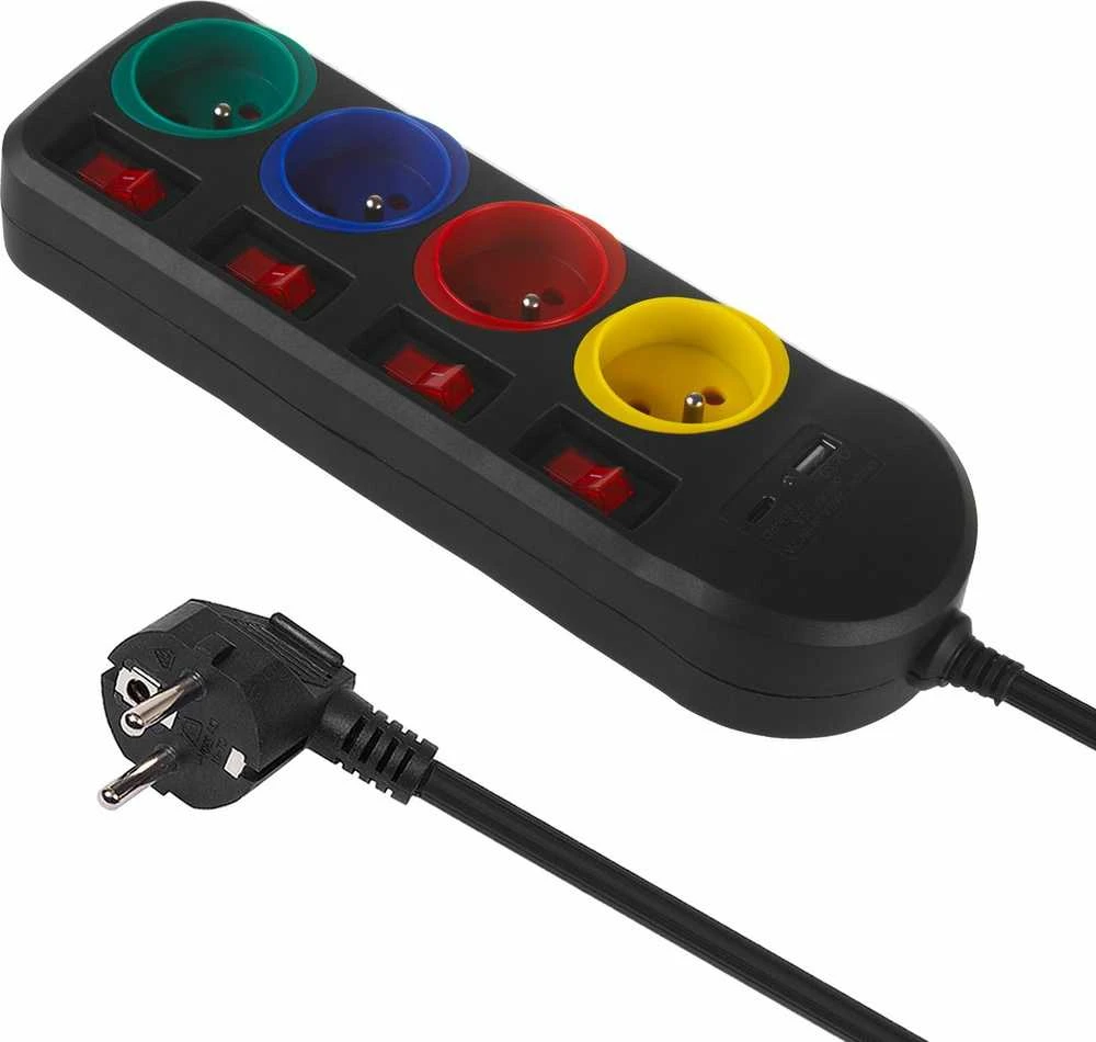 Listwa „Maclean“ maitinimo laidas, 4 lizdų + USB, su jungikliais, 250 V kintamoji srovė / 10 A, 1,5 m, juodas, MCE508 B