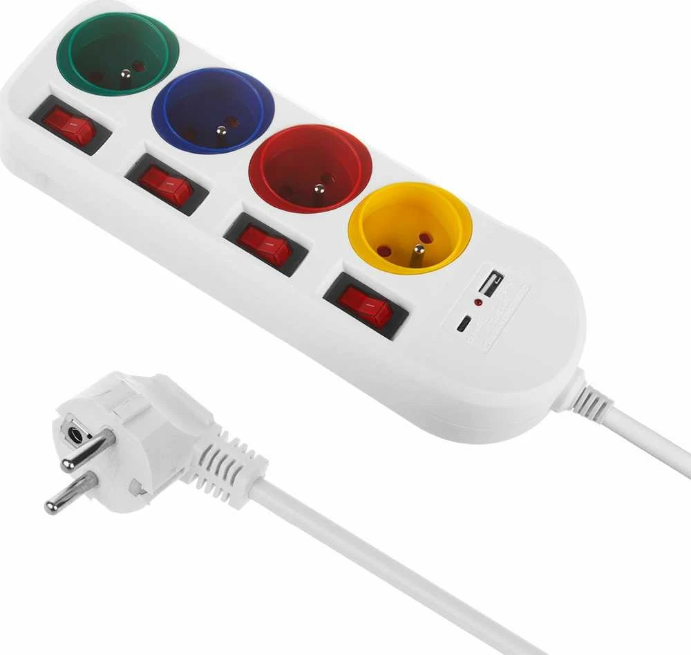 Listwa „Maclean“ maitinimo laidas, 4 lizdų + USB, su jungikliais, 250 V kintamoji srovė / 10 A, 1,5 m, baltas, MCE508 W