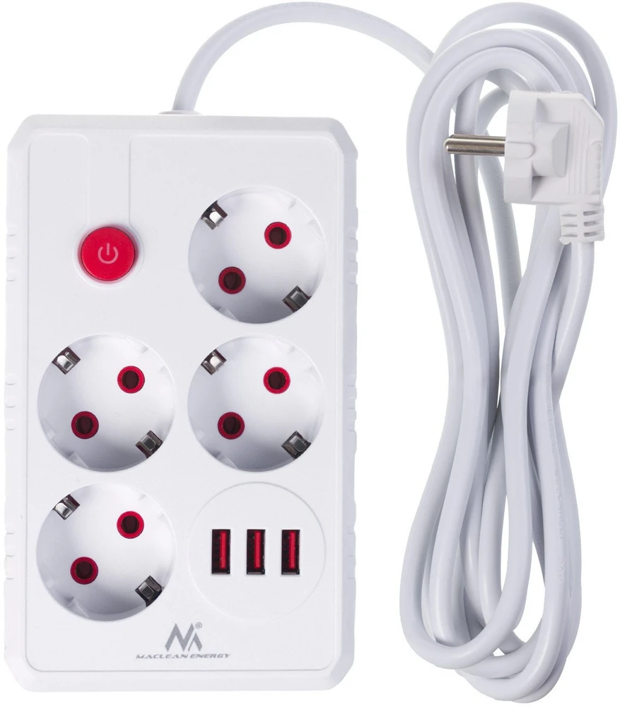 „Maclean“ maitinimo laidas, 4 lizdų prailginimo laidas + 3xUSB, 110–240 V AC 50/60 Hz, 2,1 A maks. 2500 W, 3 m, baltas, MCE393 W