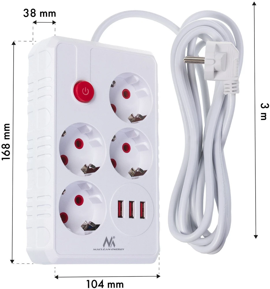 „Maclean“ maitinimo laidas, 4 lizdų prailginimo laidas + 3xUSB, 110–240 V AC 50/60 Hz, 2,1 A maks. 2500 W, 3 m, baltas, MCE393 W