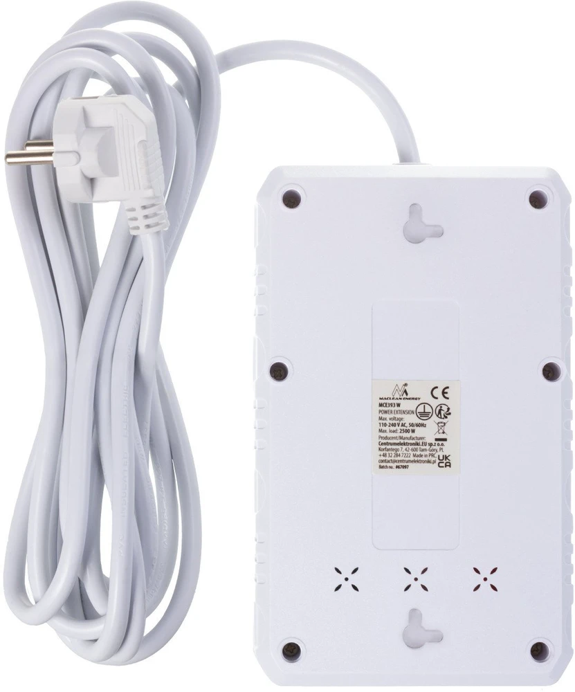 „Maclean“ maitinimo laidas, 4 lizdų prailginimo laidas + 3xUSB, 110–240 V AC 50/60 Hz, 2,1 A maks. 2500 W, 3 m, baltas, MCE393 W