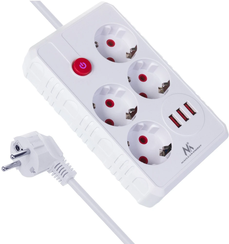„Maclean“ maitinimo laidas, 4 lizdų prailginimo laidas + 3xUSB, 110–240 V AC 50/60 Hz, 2,1 A maks. 2500 W, 3 m, baltas, MCE393 W