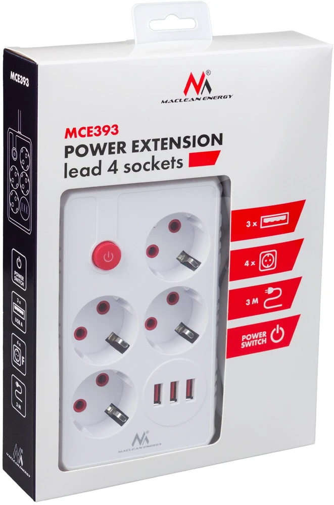 „Maclean“ maitinimo laidas, 4 lizdų prailginimo laidas + 3xUSB, 110–240 V AC 50/60 Hz, 2,1 A maks. 2500 W, 3 m, baltas, MCE393 W
