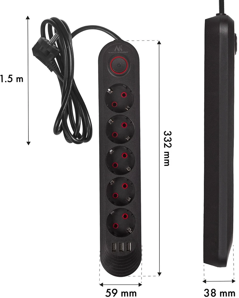 „Maclean“ maitinimo laidas, 5 lizdų prailginimo laidas + 3xUSB, 110-240V AC 50/60Hz, 2.1A max 2500W, 1.5m, juodas, MCE395 B