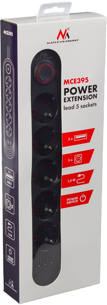 „Maclean“ maitinimo laidas, 5 lizdų prailginimo laidas + 3xUSB, 110-240V AC 50/60Hz, 2.1A max 2500W, 1.5m, juodas, MCE395 B