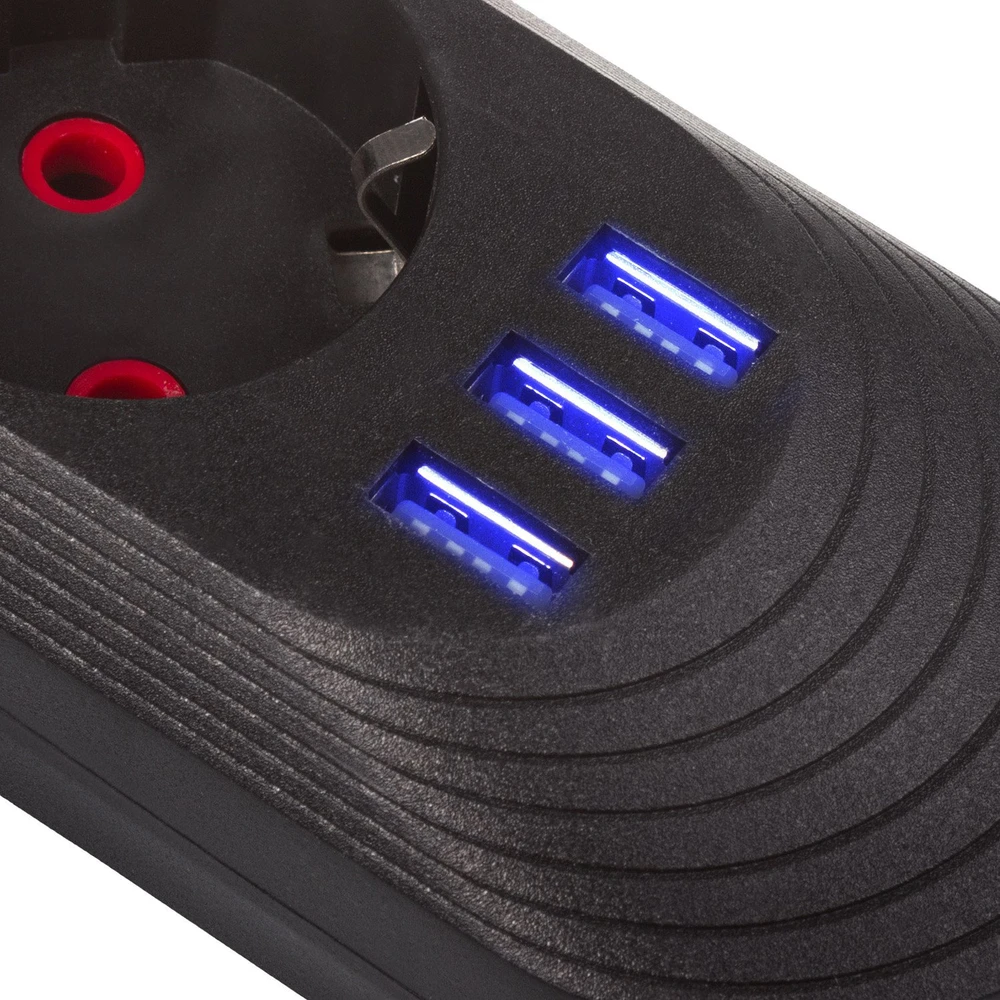 „Maclean“ maitinimo laidas, 5 lizdų prailginimo laidas + 3xUSB, 110-240V AC 50/60Hz, 2.1A max 2500W, 1.5m, juodas, MCE395 B