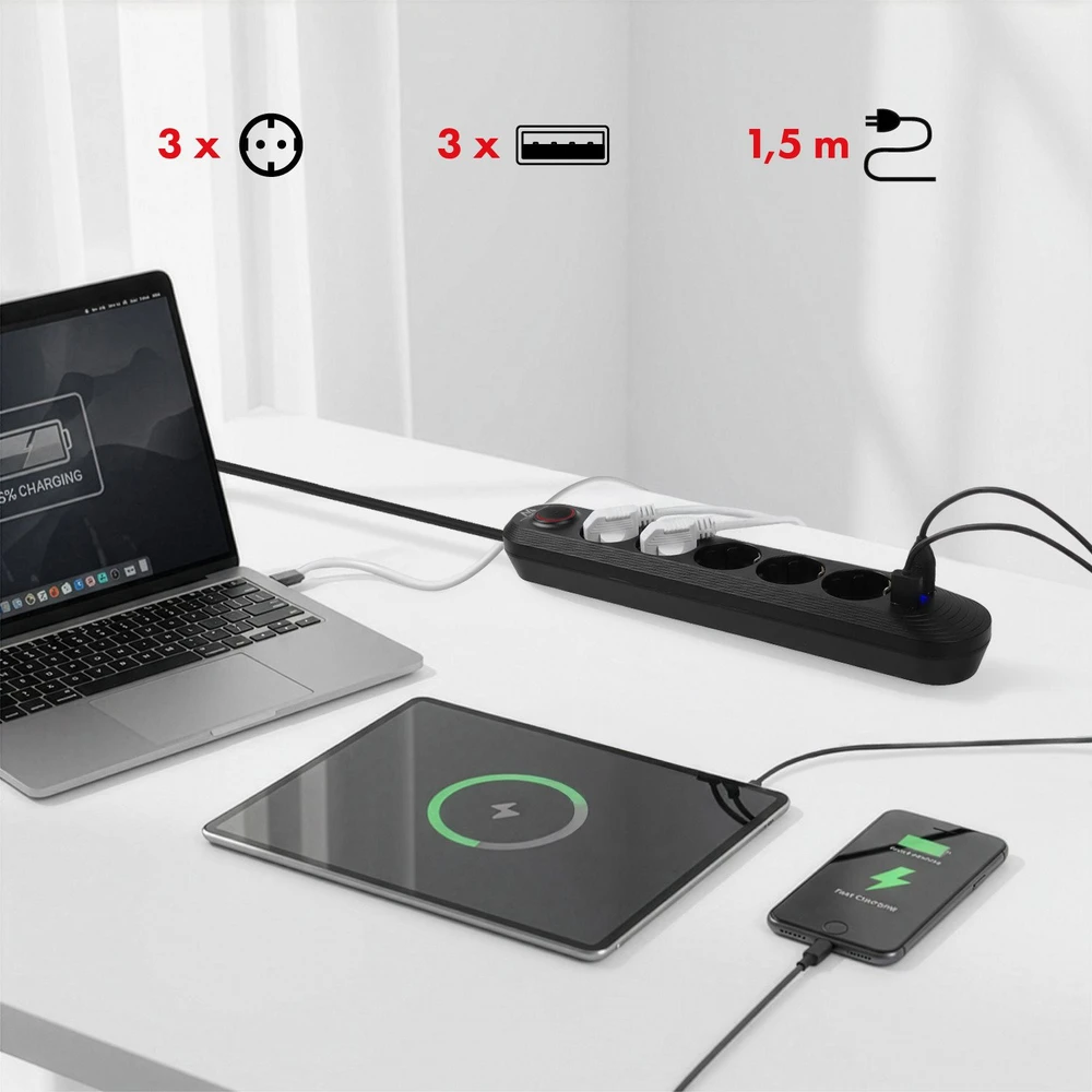 „Maclean“ maitinimo laidas, 5 lizdų prailginimo laidas + 3xUSB, 110-240V AC 50/60Hz, 2.1A max 2500W, 1.5m, juodas, MCE395 B