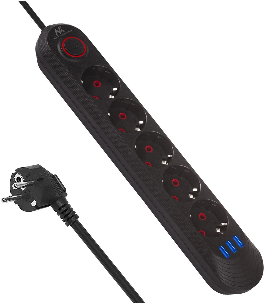 „Maclean“ maitinimo laidas, 5 lizdų prailginimo laidas + 3xUSB, 110-240V AC 50/60Hz, 2.1A max 2500W, 1.5m, juodas, MCE395 B