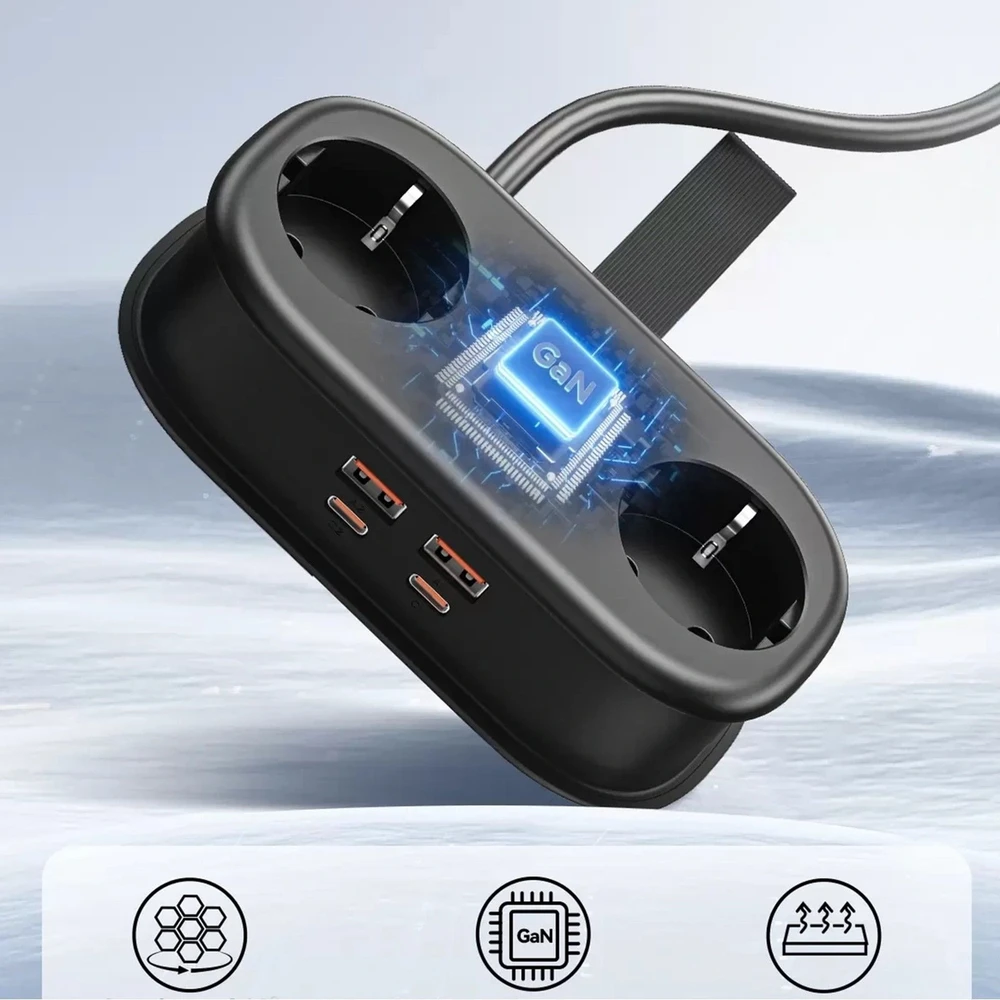 Orico AP3 65W GaN 6in1 maitinimo blokas 2x AC + 2x USB-A + 2x USB-C - Juodas