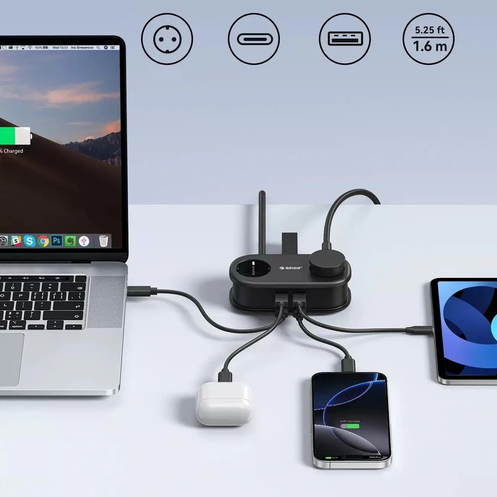 Orico AP3 65W GaN 6in1 maitinimo blokas 2x AC + 2x USB-A + 2x USB-C - Juodas