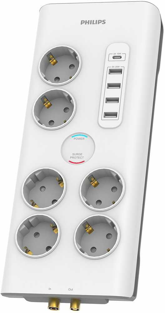 Listwa zasilająca Philips ochrona przeciwprzepięciowa 6 gniazd + 4 x USB-A + 1 x USB-C