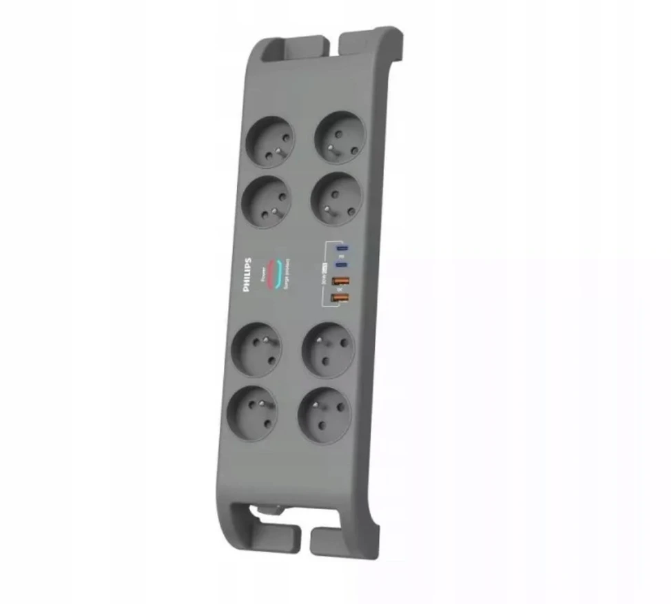 „Philips“ viršįtampių apsaugos juostelė, 2 m, 8 lizdai, 2xUSB-C, 2xUSB-A, 30 W galia, 2400 J apsauga nuo viršįtampių