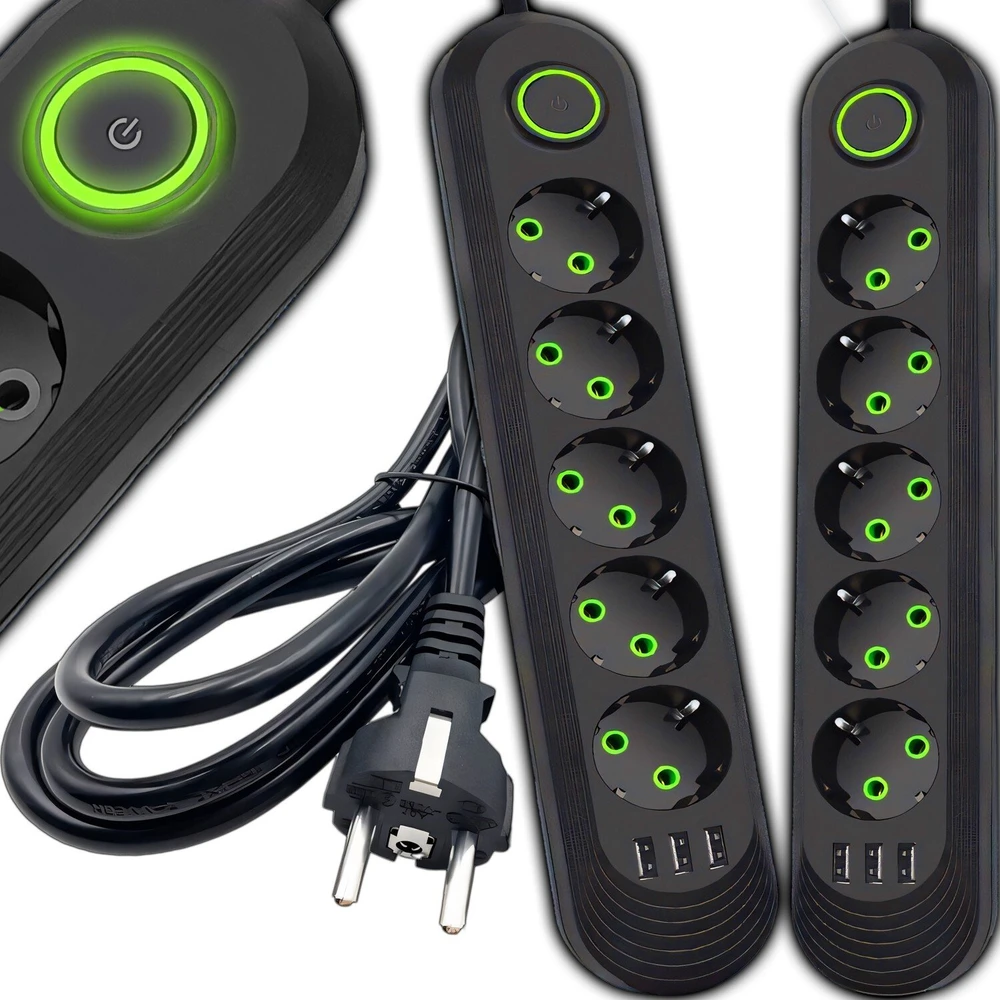 Przedłużacz 5 m ilgio laidas su 5 lizdais, 3 USB mygtukais ir viršįtampių apsauga