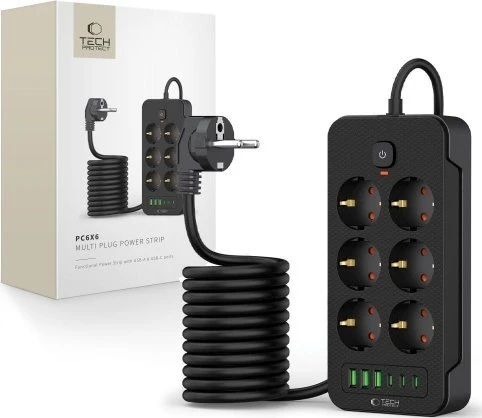 „Tech-Protect PC6X6“ maitinimo lizdas, 6 lizdai, 240 V + 3 USB-A + 3 USB-C, 200 cm, juodas