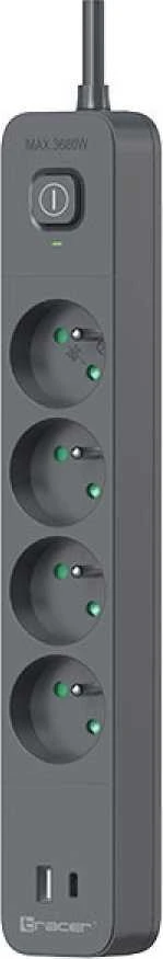 Tracer Power Line+ 1,5 m 4 USB lizdai PD18W grafito