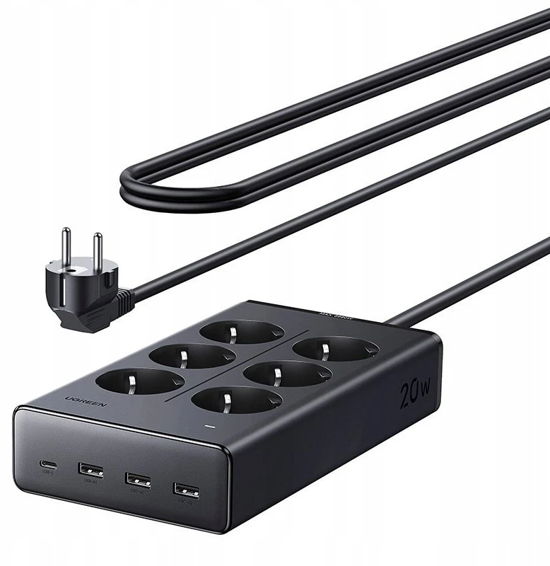 Ilgiklis 6 lizdų 1.3m, su USB krovikliu (3x USB-A max 15W, 1x USB-C max 20W) juoda S622 UGREEN